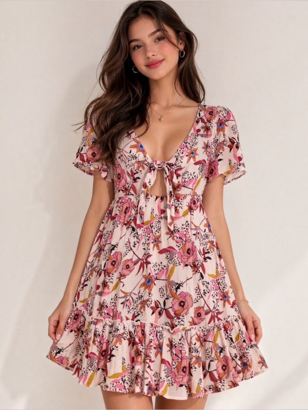 Altar'd State Floral Tie-Front Mini Dress in Pink Size Small